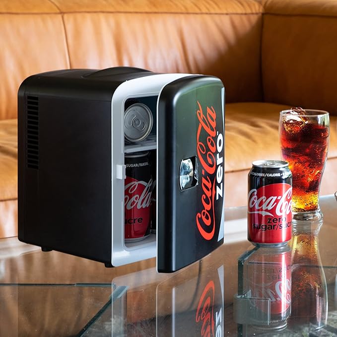 Coke Zero Mini Fridge - 6 Can Refrigerator for Bedroom Office, Portable Table Top Beverage Cooler, 12V 110V Refrigerador For Drinks, Soda, Wine Use In Car, Dorm, Outdoor, Patio | Fridge.com