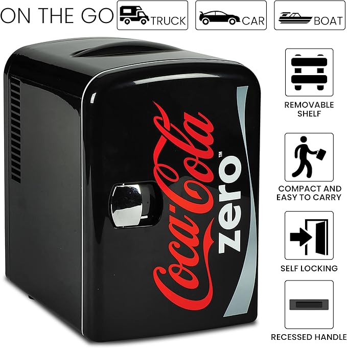 Coke Zero Mini Fridge - 6 Can Refrigerator for Bedroom Office, Portable Table Top Beverage Cooler, 12V 110V Refrigerador For Drinks, Soda, Wine Use In Car, Dorm, Outdoor, Patio | Fridge.com