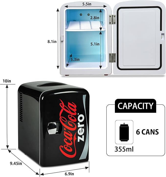 Coke Zero Mini Fridge - 6 Can Refrigerator For Bedroom Office, Portable Table Top Beverage Cooler, 12V 110V Refrigerador For Drinks, Soda, Wine Use In Car, Dorm, Outdoor, Patio - View 5 | Fridge.com