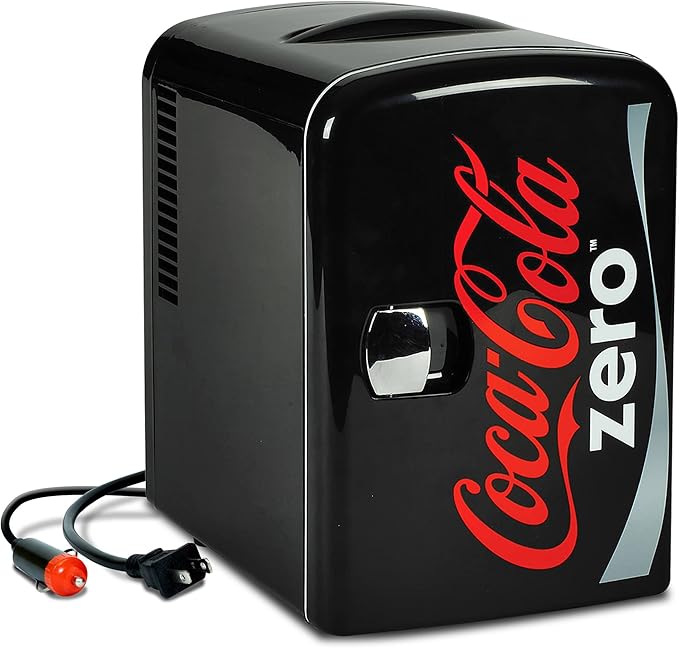 Coke Zero Mini Fridge - Refrigerator for Bedroom Office, Portable Table Top Beverage Cooler, 12V 110V Refrigerador For Drinks, Soda, Wine, Use In Car, Dorm, Outdoor, Patio, 6 Can | Fridge.com