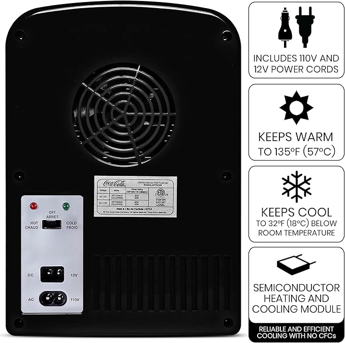 Coke Zero Mini Fridge - Refrigerator for Bedroom Office, Portable Table Top Beverage Cooler, 12V 110V Refrigerador For Drinks, Soda, Wine, Use In Car, Dorm, Outdoor, Patio, 6 Can | Fridge.com