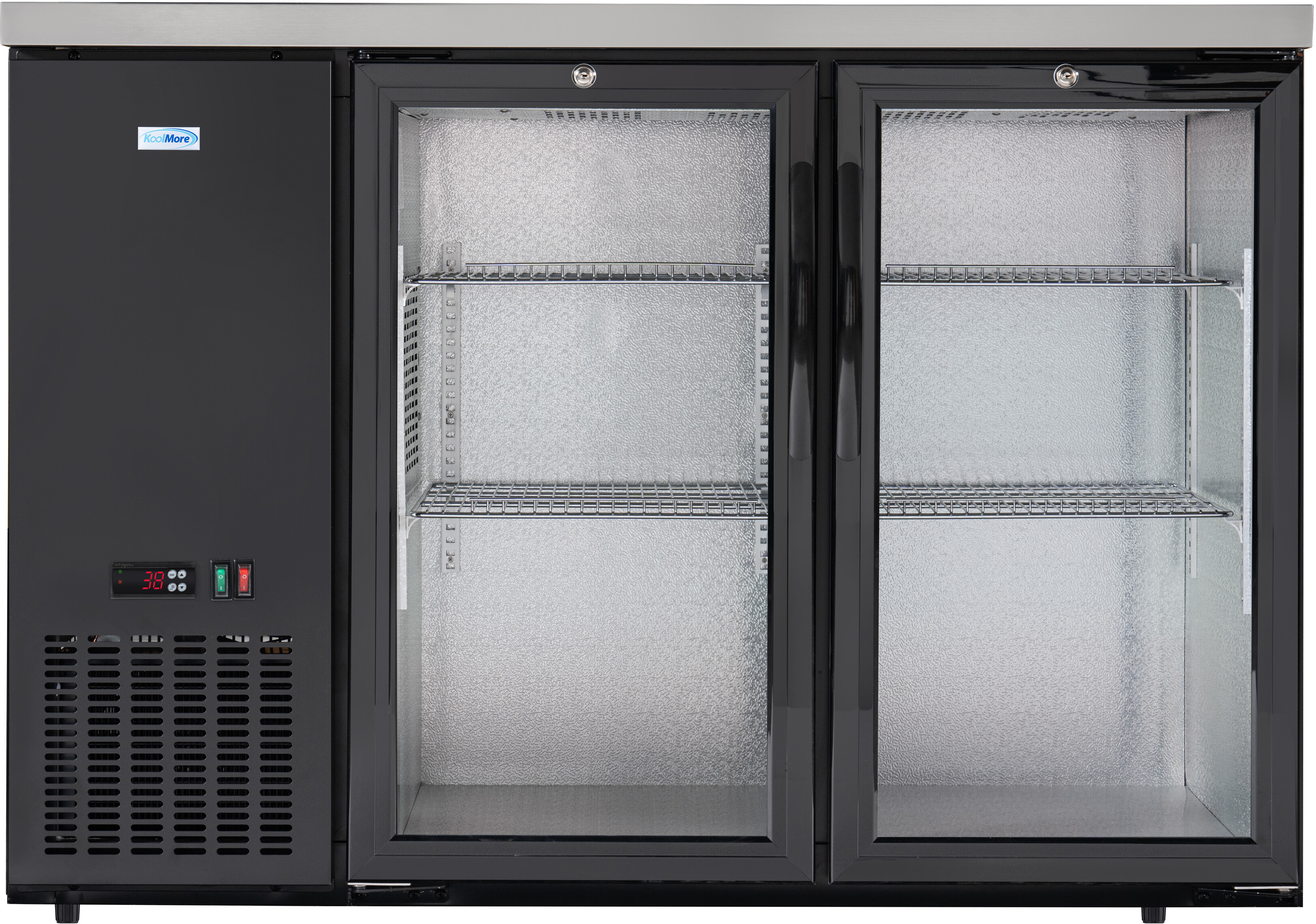 47 in. Commercial Two Glass Door Back Bar Cooler Refrigerator with LED Lighting, 11 Cu. Ft Capacity - Black — KoolMore, model KM-BC-2GD-SCBK