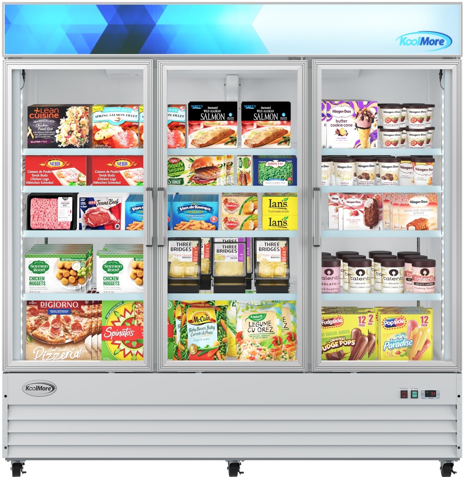 KoolMore 80 in. Commercial Three Glass Door Display Upright Freezer Merchandiser in White 52 Cu. Ft. (MDF-3GD-52C-WH) | Fridge.com