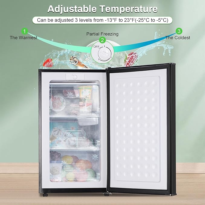 Maine Mini Upright freezer, 3.6 Cubic Feet, Single Door Compact Freezer with Reversible Stainless Steel Door, 3-Speed Temperature Adjustment Small freezer for Home/Dorms | Fridge.com