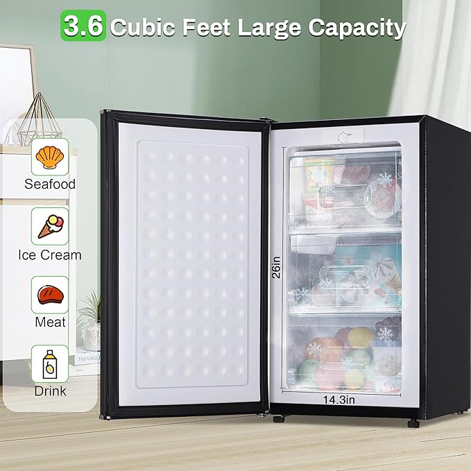 Maine Mini Upright freezer, 3.6 Cubic Feet, Single Door Compact Freezer with Reversible Stainless Steel Door, 3-Speed Temperature Adjustment Small freezer for Home/Dorms | Fridge.com