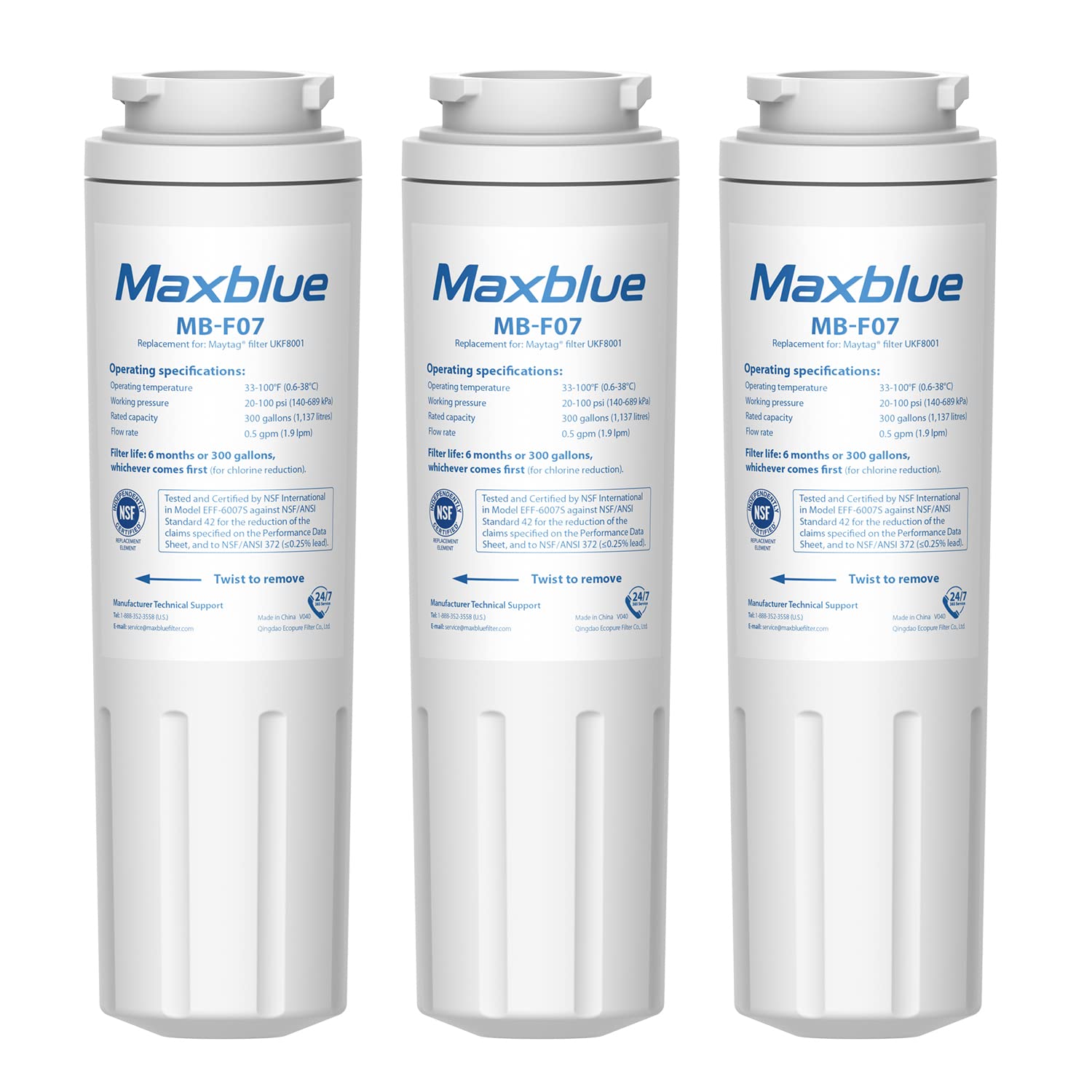 Maxblue UKF8001 Refrigerator Water Filter, Replacement for Maytag UKF8001, EDR4RXD1, EveryDrop® Filter 4, Whirlpool® 4396395, UKF8001AXX-200, Kenmore 469006, 469992, Puriclean II, Pack of 3 | Fridge.com