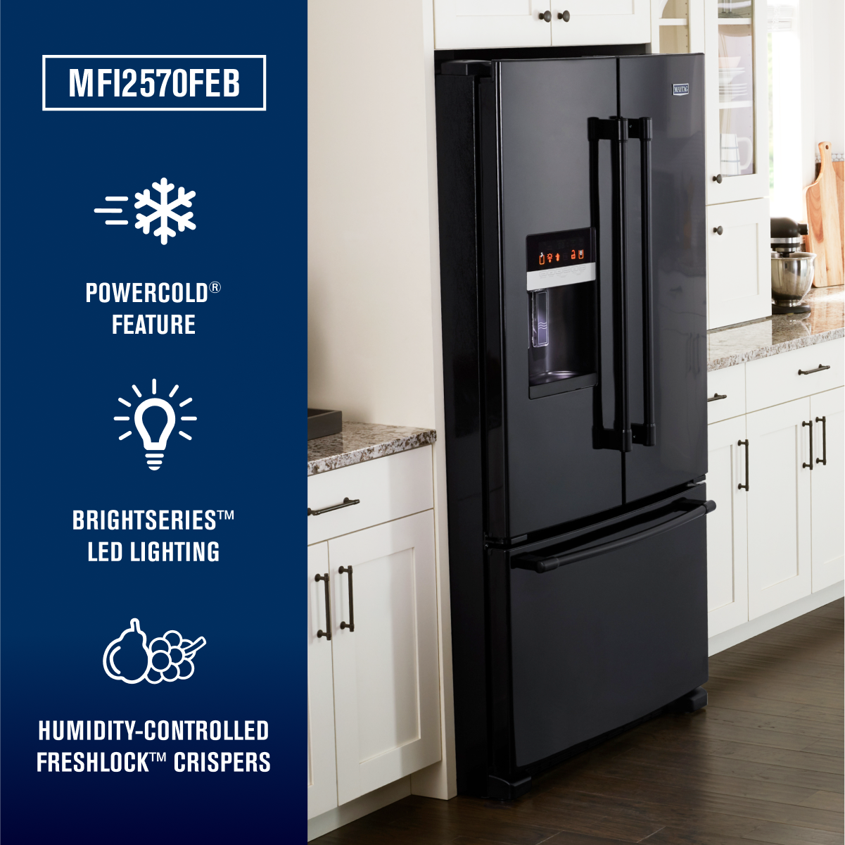 Maytag 36- in. Wide French Door Refrigerator W/ Powercold Feature, 25 cu. ft. in Black-On-Black - View 5 | Fridge.com