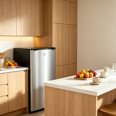 HOMCOM 3.2 Cu.Ft Single Door Mini Fridge with 0.35 Cu.Ft Freezer, 5-Level Thermostat — Mhropen, model DYJLLW2225P200921LK