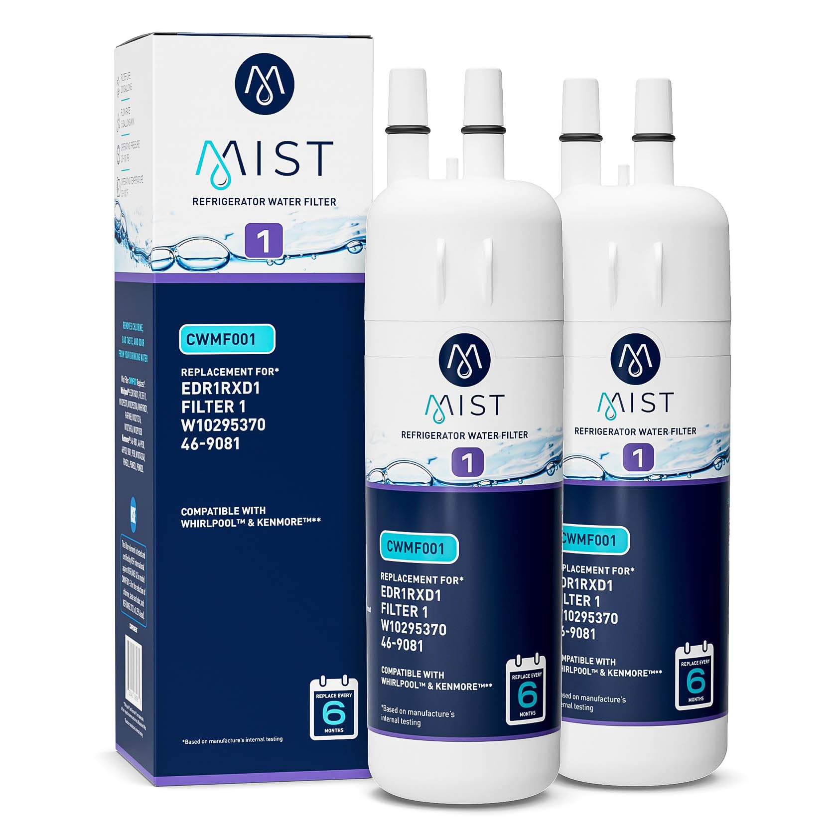 Mist EDR1RXD1 Refrigerator Water Filter Replacement For Everydrop® Filter 1 – Whirlpool® WHR1RXD1 W10295370A, Kenmore® 46-9081 – 2-Pack – Nsf 42 & 372 Certified | Fridge.com