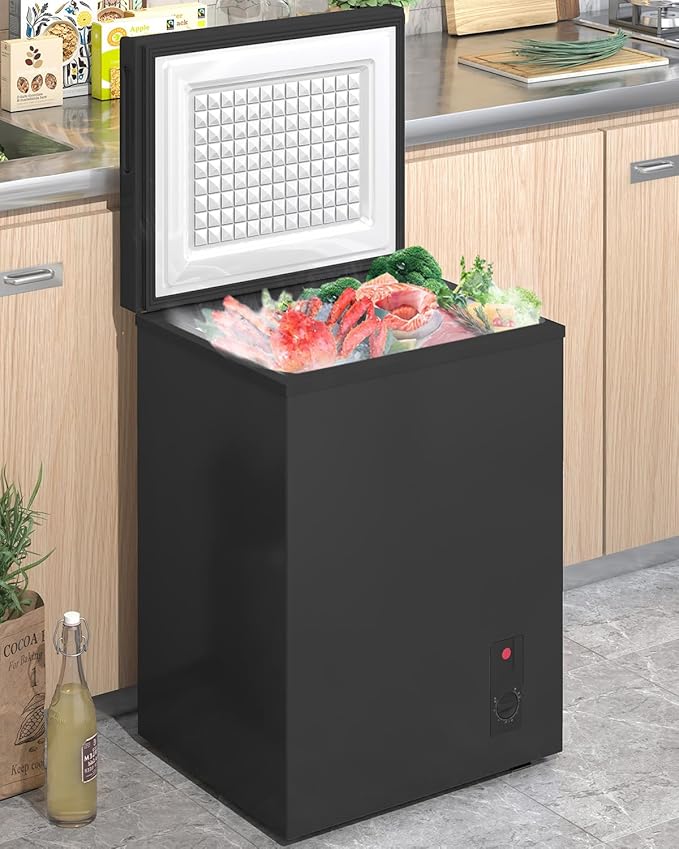 Muhub 3.5 Cubic Feet Chest Freezer, Top Opening Deep Freezer, Compact Chest Deep Freezer with Removable Basket, 7 Level Adjustable Thermostat (Black, 3.5 Cu.Ft.) | Fridge.com