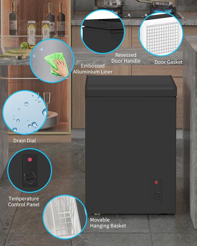 Muhub 3.5 Cubic Feet Chest Freezer, Top Opening Deep Freezer, Compact Chest Deep Freezer With Removable Basket, 7 Level Adjustable Thermostat (Black, 3.5 cu.ft.) - View 2 | Fridge.com