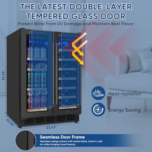 Wine And Beverage Refrigerator 24", Upgraded Dual Zone Wine Beverage Cooler With Glass Door And French Door, Large Capacity Beer Fridge Holds 21 Bottles & 88 Cans, Built-In Or Freestanding - Black - View 2 | Fridge.com