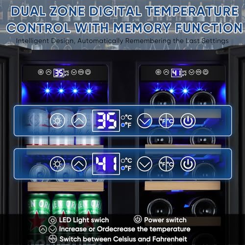 Wine And Beverage Refrigerator 24", Upgraded Dual Zone Wine Beverage Cooler With Glass Door And French Door, Large Capacity Beer Fridge Holds 21 Bottles & 88 Cans, Built-In Or Freestanding - Black - View 3 | Fridge.com