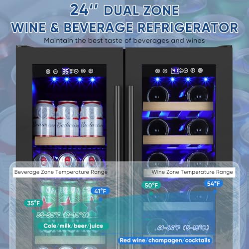 Wine And Beverage Refrigerator 24", Upgraded Dual Zone Wine Beverage Cooler With Glass Door And French Door, Large Capacity Beer Fridge Holds 21 Bottles & 88 Cans, Built-In Or Freestanding - Black - View 4 | Fridge.com
