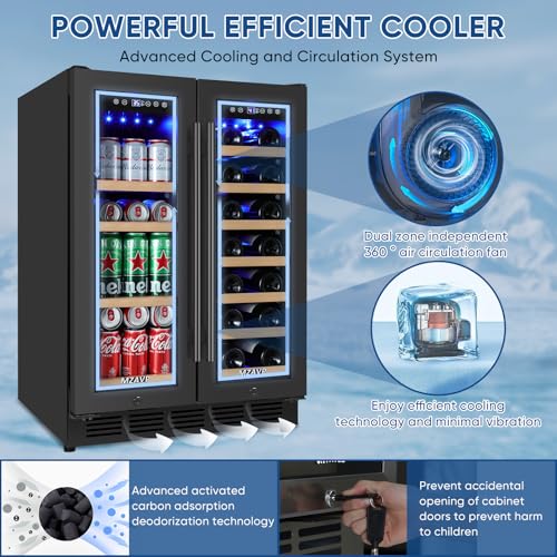 Wine And Beverage Refrigerator 24", Upgraded Dual Zone Wine Beverage Cooler With Glass Door And French Door, Large Capacity Beer Fridge Holds 21 Bottles & 88 Cans, Built-In Or Freestanding - Black - View 5 | Fridge.com