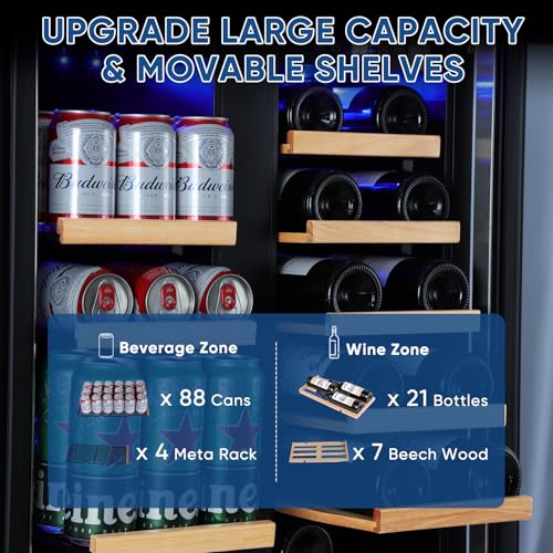 Wine And Beverage Refrigerator 24", Upgraded Dual Zone Wine Beverage Cooler With Glass Door And French Door, Large Capacity Beer Fridge Holds 21 Bottles & 88 Cans, Built-In Or Freestanding - Black - View 6 | Fridge.com