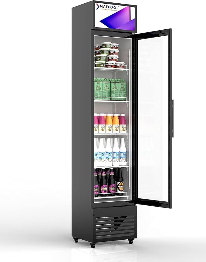 NAFCOOL Sub-Zero Commercial Beverage Refrigerator Display Fridge，6 cu ft Small Slims Single Glass Door Merchandiser Drink Cooler With LED Light Adjustable Shelves,Etl And Nsf Approval,15.4" Wide - View 3 | Fridge.com