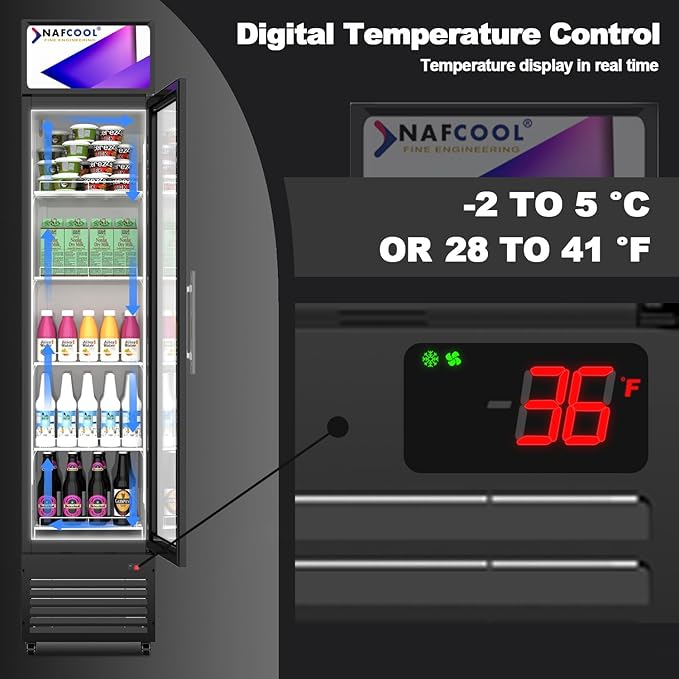 NAFCOOL Sub-Zero Commercial Beverage Refrigerator Display Fridge，6 cu ft Small Slims Single Glass Door Merchandiser Drink Cooler With LED Light Adjustable Shelves,Etl And Nsf Approval,15.4" Wide - View 5 | Fridge.com