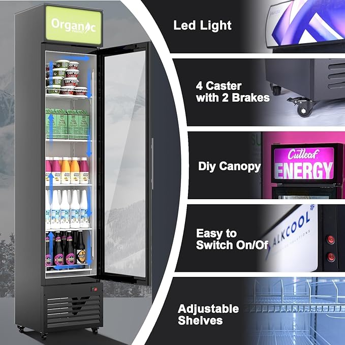 NAFCOOL Sub-Zero Commercial Beverage Refrigerator Display Fridge，6 cu ft Small Slims Single Glass Door Merchandiser Drink Cooler With LED Light Adjustable Shelves,Etl And Nsf Approval,15.4" Wide - View 6 | Fridge.com