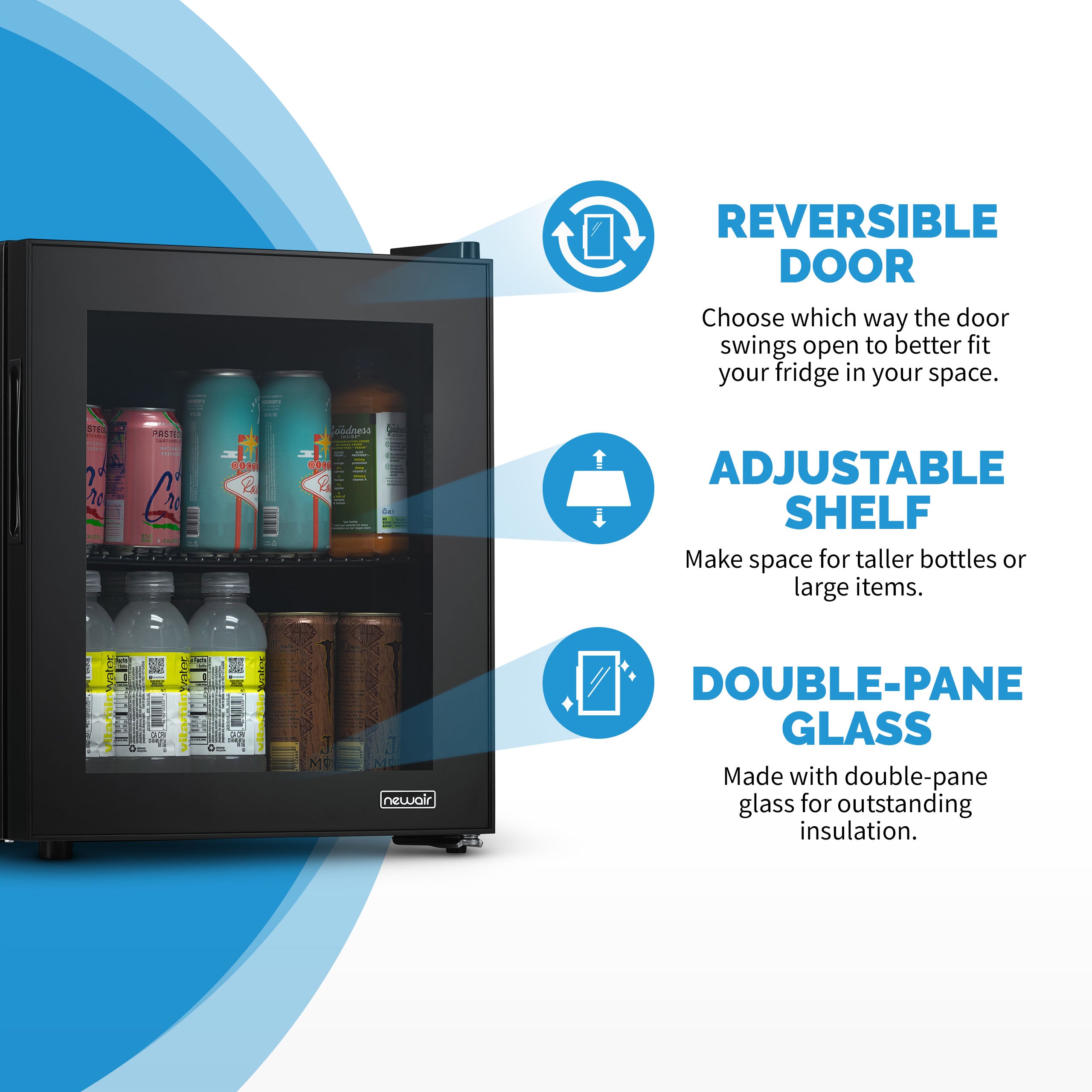 NewAir 60 Can Beverage Fridge With Glass Door, Small Freestanding Mini Fridge In Black - View 3 | Fridge.com