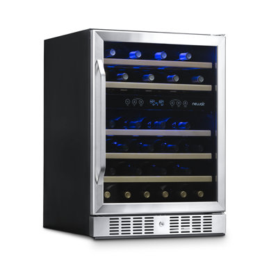 Newair 24 Built-in 46 Bottle Dual Zone Wine Cooler with Removable Beechwood Shelves in Black Stainless Steel | Fridge.com