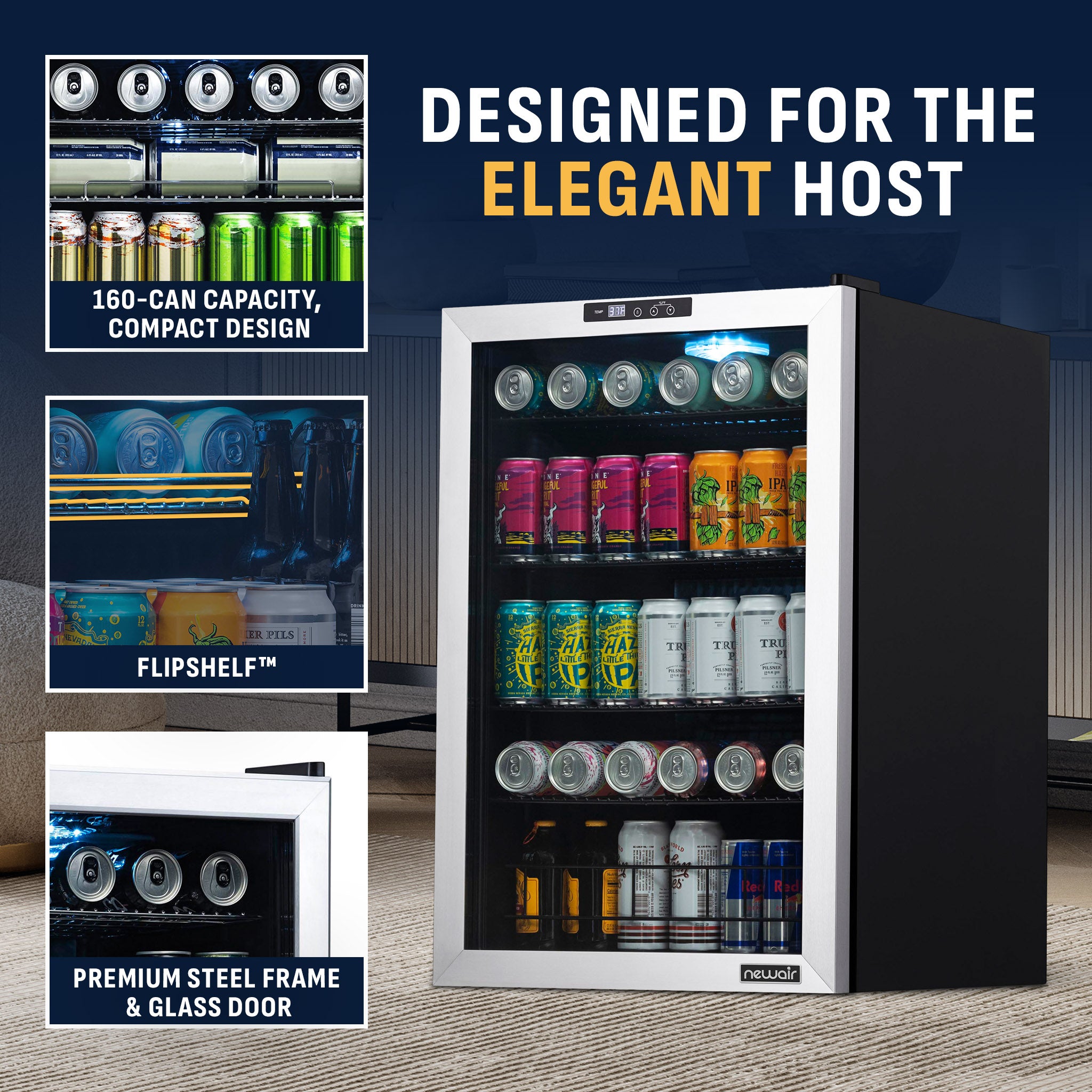 NewAir - 160-Can Beverage Cooler With Splitshelf And Digital Thermostat For Kitchen, Game Room, And Home Office - Stainless Steel - View 5 | Fridge.com