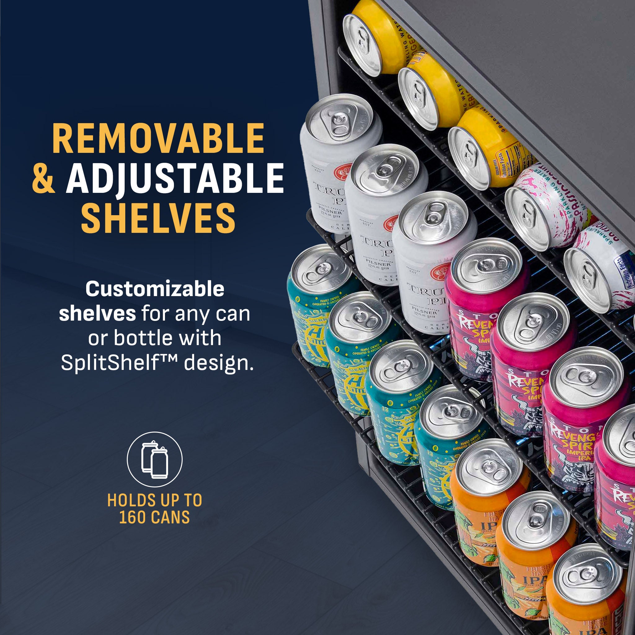 NewAir - 160-Can Beverage Cooler With Splitshelf And Digital Thermostat For Kitchen, Game Room, And Home Office - Stainless Steel - View 6 | Fridge.com