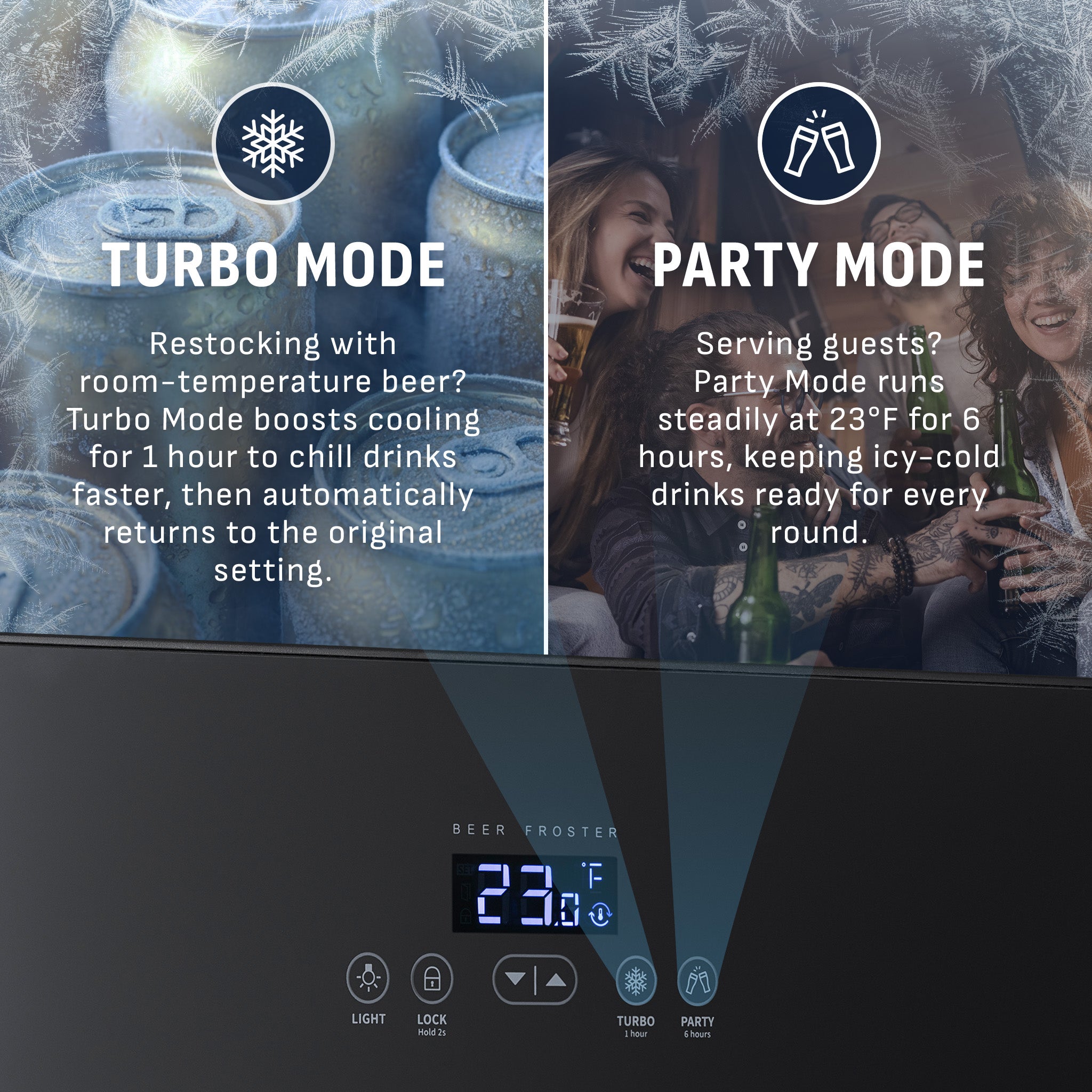 NewAir - 125-Can Beverage Cooler With Glass Door, Party And Turbo Modes, Cools To 23F, Digital Controls, Adjustable Shelves - Black - View 5 | Fridge.com