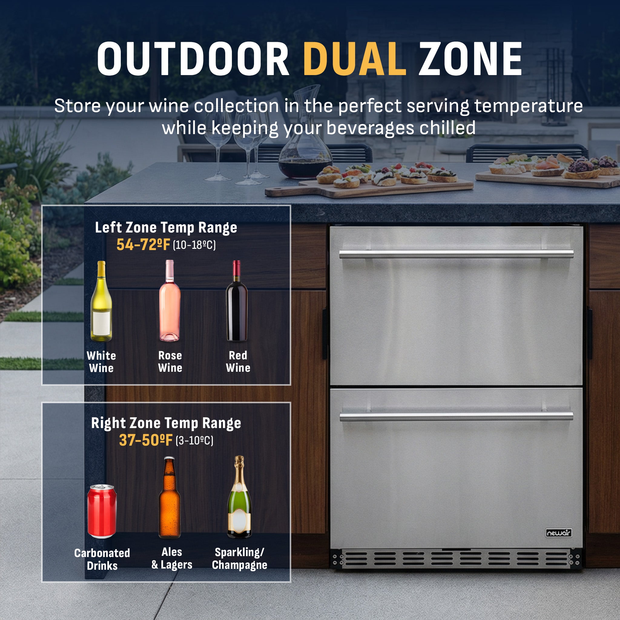 NewAir 24" Built-In 20 Bottle And 80 Can Dual Drawer Indoor/Outdoor Wine And Beverage Fridge - View 3 | Fridge.com