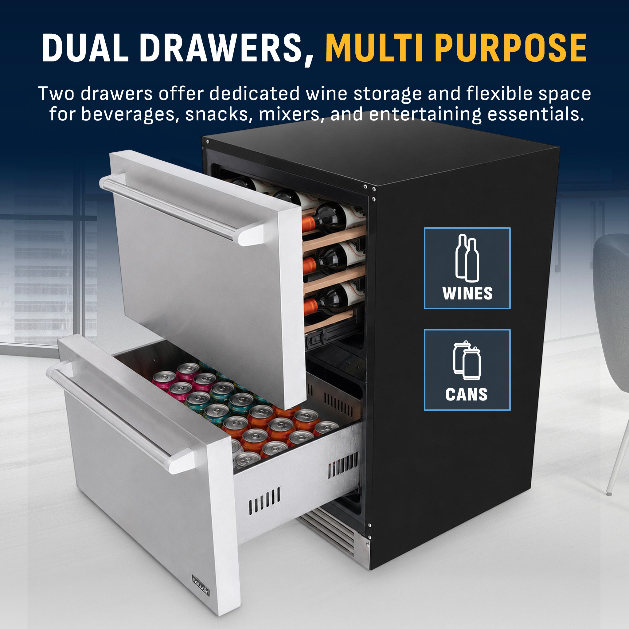 NewAir 24" Built-In 20 Bottle And 80 Can Dual Drawer Indoor/Outdoor Wine And Beverage Fridge - View 4 | Fridge.com