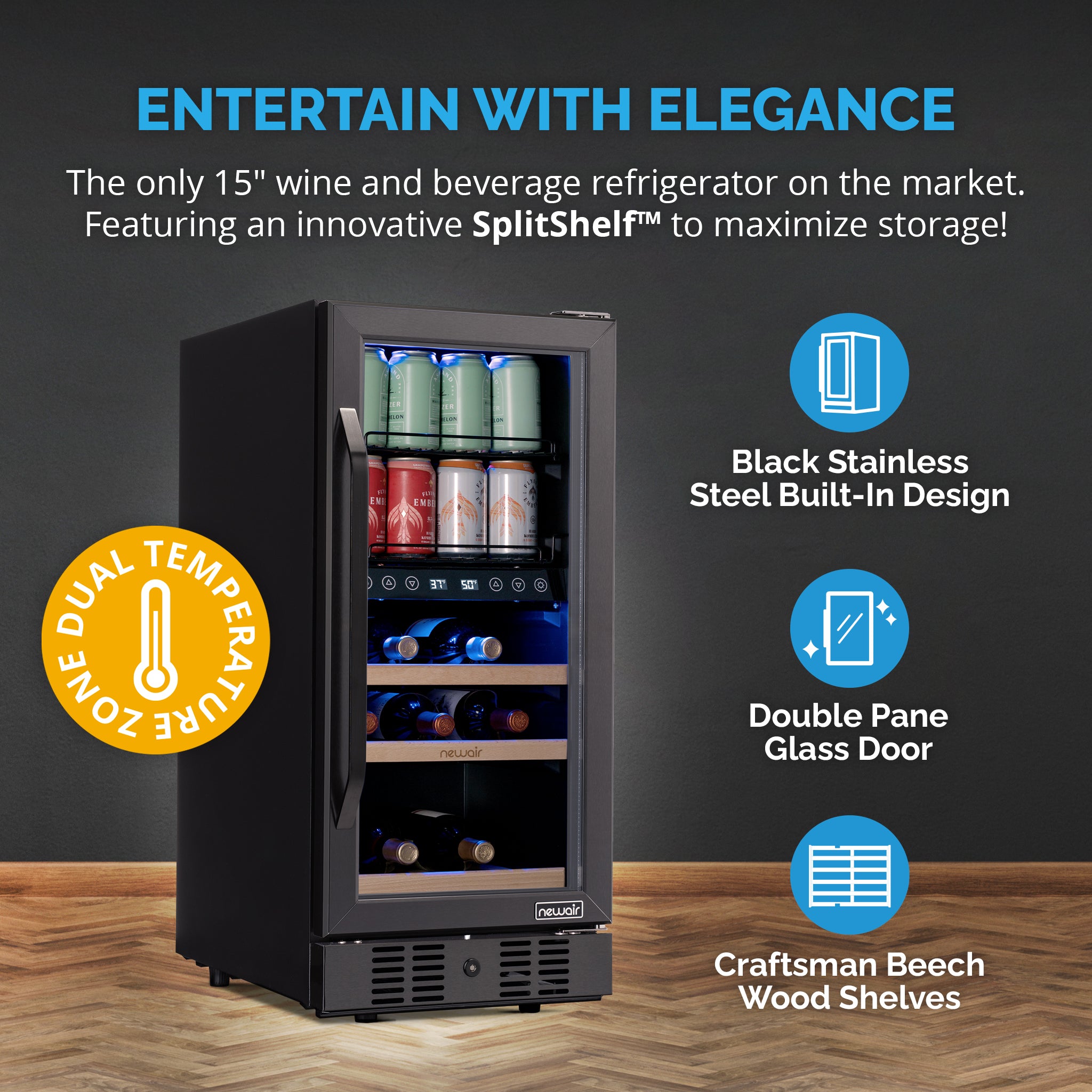 NewAir - 13-Bottle And 48-Can Built-In Dual Zone Beverage Cooler With Splitshelf - Black Stainless Steel - View 3 | Fridge.com