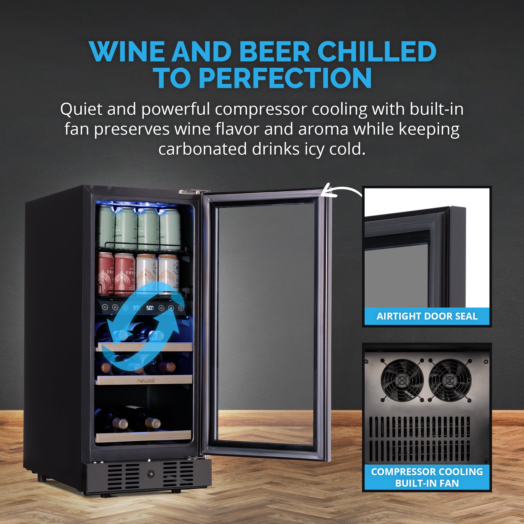 NewAir - 13-Bottle And 48-Can Built-In Dual Zone Beverage Cooler With Splitshelf - Black Stainless Steel - View 4 | Fridge.com