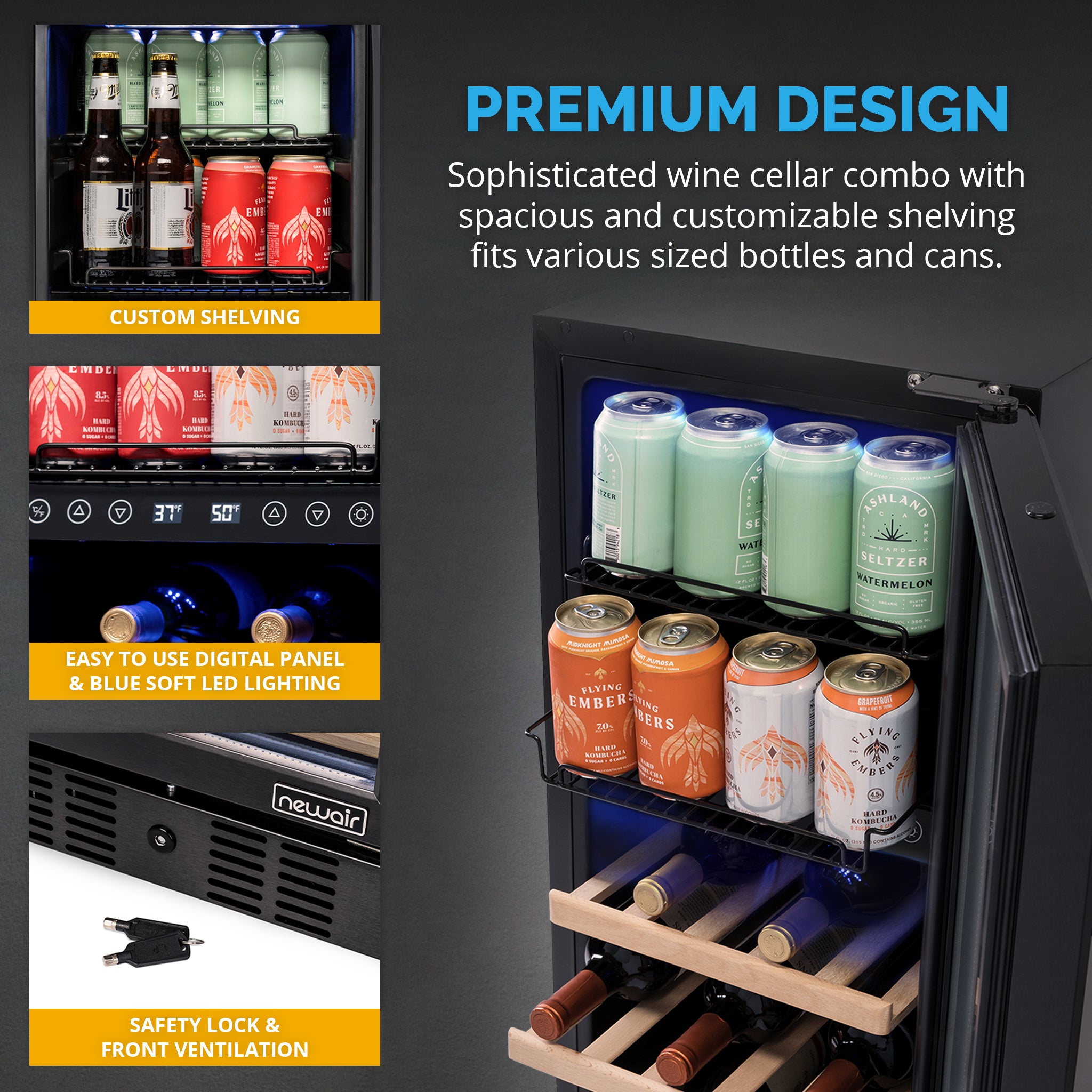 NewAir - 13-Bottle And 48-Can Built-In Dual Zone Beverage Cooler With Splitshelf - Black Stainless Steel - View 6 | Fridge.com