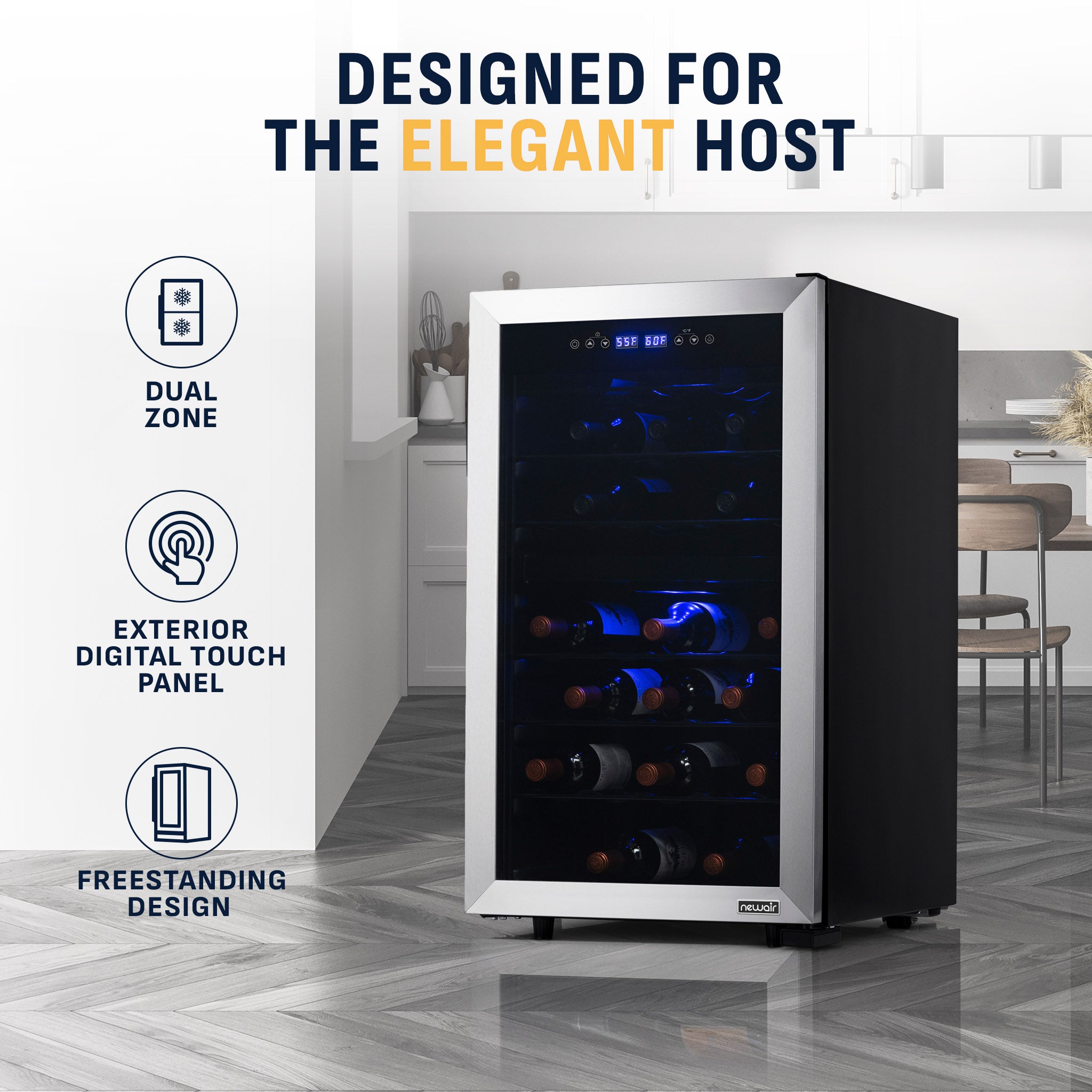 NewAir - 19" Freestanding Wine Cooler - 43 Bottle Dual Zone Compact Refrigerator - Stainless Steel - View 4 | Fridge.com