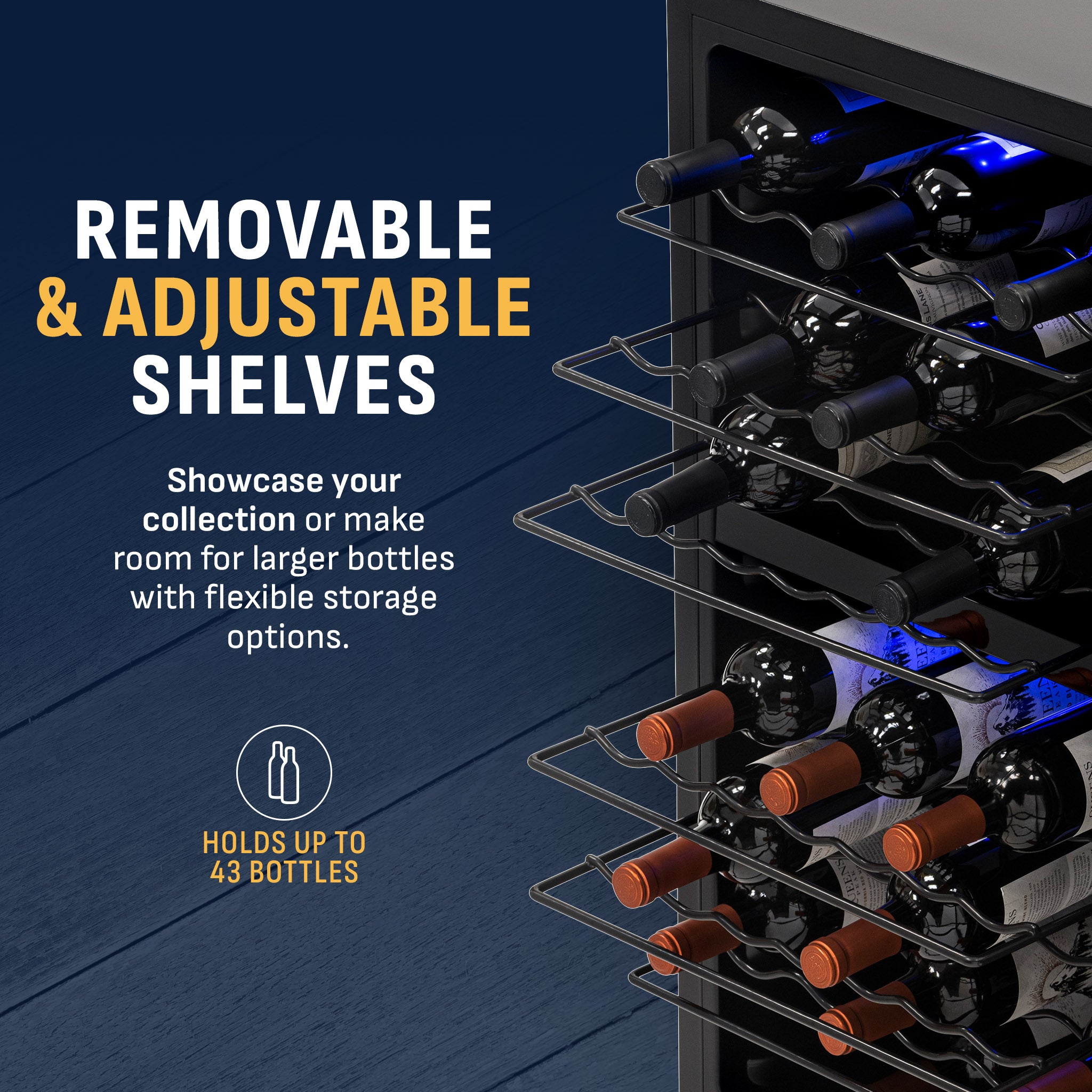 NewAir - 19" Freestanding Wine Cooler - 43 Bottle Dual Zone Compact Refrigerator - Stainless Steel - View 5 | Fridge.com