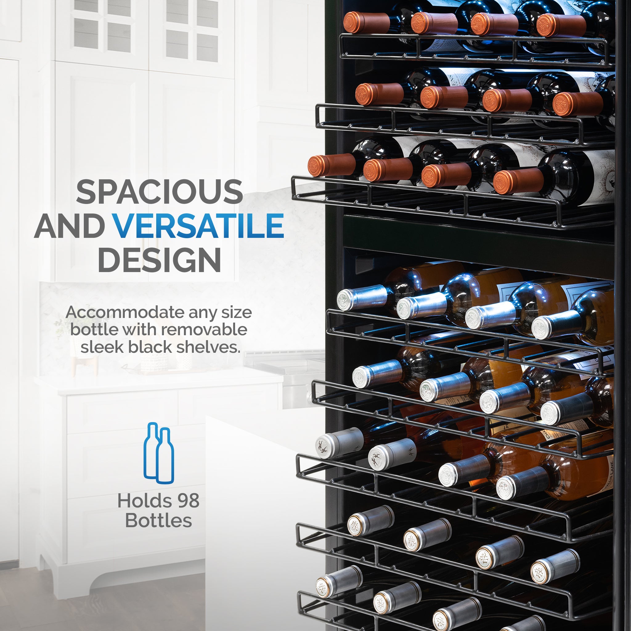 NewAir - 98-Bottle Dual Zone Wine Fridge, Low-Vibration Inverter Compressor, Ultra-Quiet, Adjustable Racks, Digital Thermostat - Silver - View 3 | Fridge.com