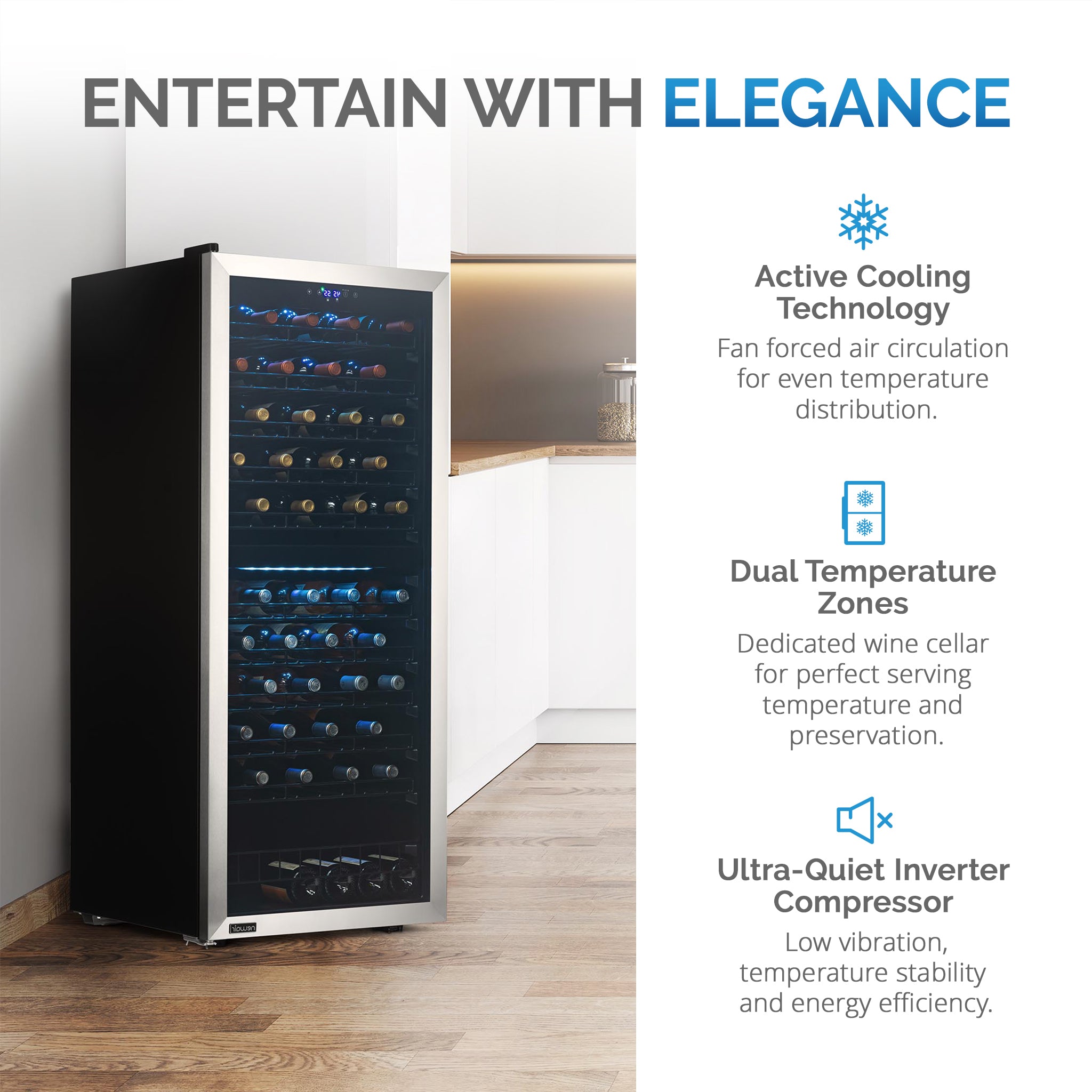 NewAir - 98-Bottle Dual Zone Wine Fridge, Low-Vibration Inverter Compressor, Ultra-Quiet, Adjustable Racks, Digital Thermostat - Silver - View 4 | Fridge.com