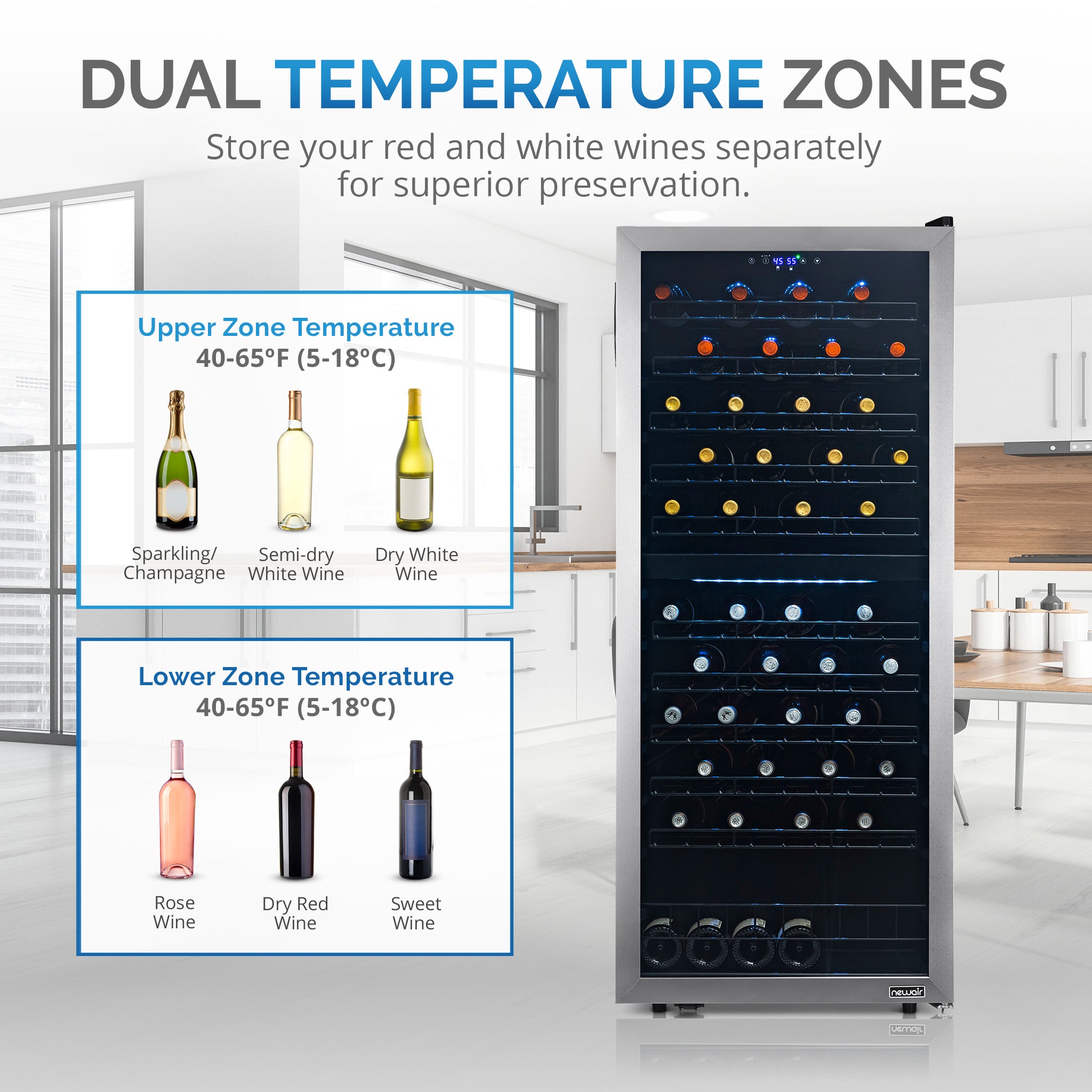 NewAir - 98-Bottle Dual Zone Wine Fridge, Low-Vibration Inverter Compressor, Ultra-Quiet, Adjustable Racks, Digital Thermostat - Silver - View 5 | Fridge.com