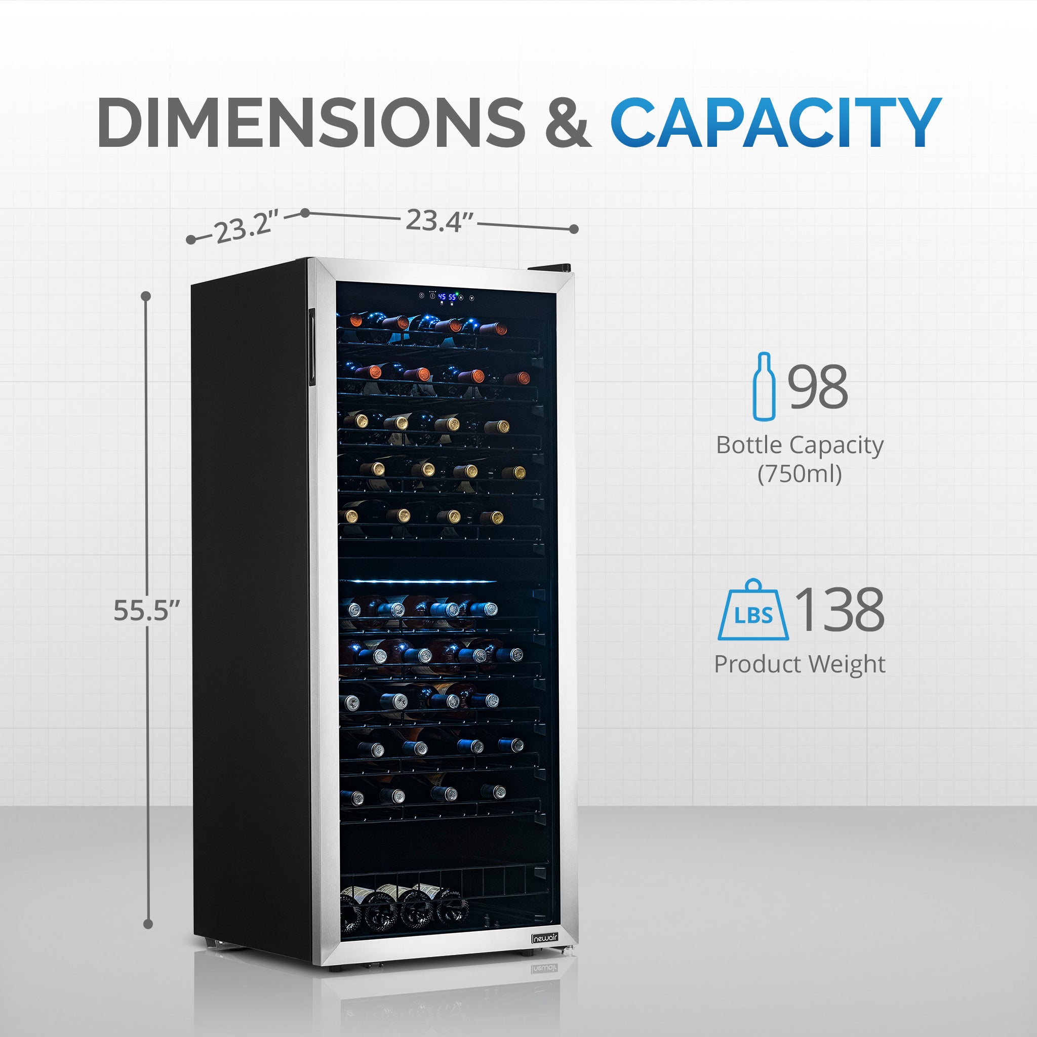 NewAir - 98-Bottle Dual Zone Wine Fridge, Low-Vibration Inverter Compressor, Ultra-Quiet, Adjustable Racks, Digital Thermostat - Silver - View 6 | Fridge.com