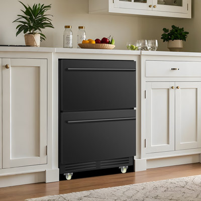 24 Inch Beverage Refrigerator, Holds 230 Cans, Under Counter Fridge Drawer Cooler, Freestanding or Built-In with Locking Swivel Casters, Grid Organize | Fridge.com