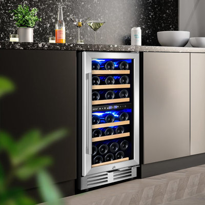 14.96 Inch 30 Bottle Dual Zone Wine Refrigerator Mini Wine Cooler Built-in and Freestanding with Built-In Light and 2 Type Handle Classic Series | Fridge.com