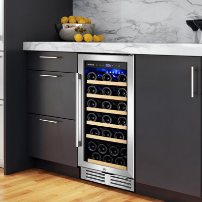 15 Inch Single Zone Wine Refrigerator, Mini Wine Cooler, Holds 30 Bottles, Built-In or Freestanding with LED Light, Safety Lock, Removable Shelves  I | Fridge.com