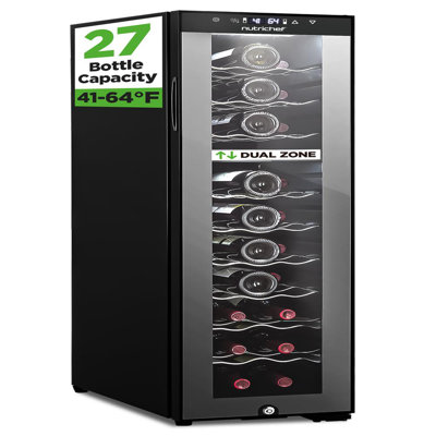 Nutrichef 27 Bottle Wine Fridge | Dual Zone Adjustable Temperature Control 41F To 64F | Ultra Quiet | Wine Cooler For Home, & Office | Freestanding | Fridge.com