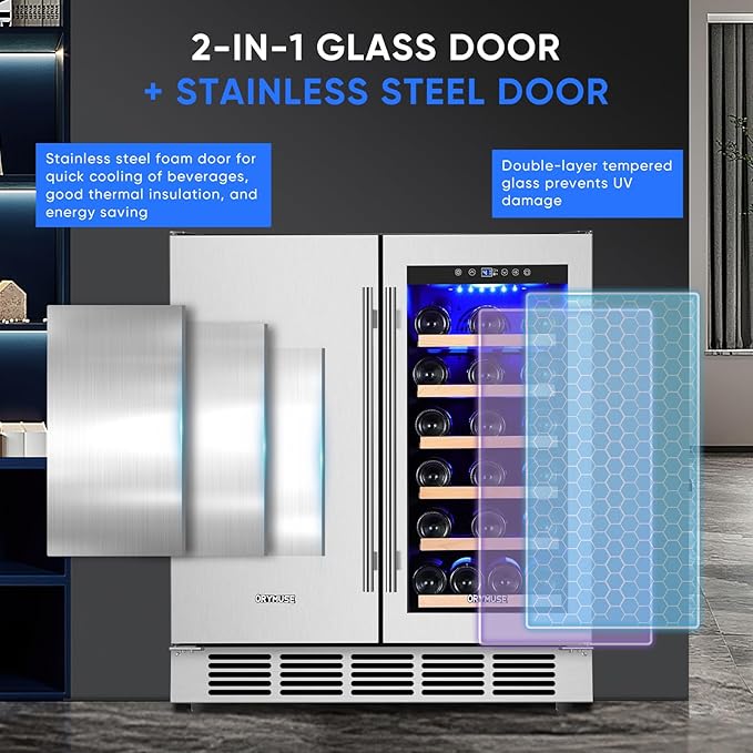 Orymuse 30" Stainless Steel Wine & Beverage Refrigerator - Dual Zone, Built-In/Freestanding With Upgraded Cooling - 30 Bottles & 110 Cans Capacity - View 5 | Fridge.com