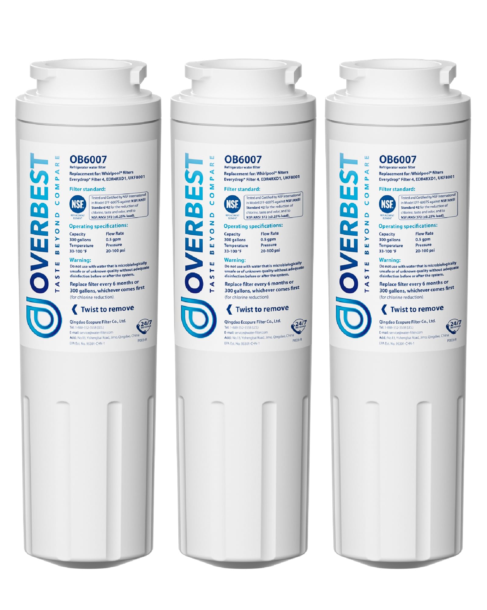 Overbest UKF8001 Replacement For Everydrop By Whirlpool Refrigerator Water Filter 4, EDR4RXD1, Pack Of 3 - View 1 | Fridge.com
