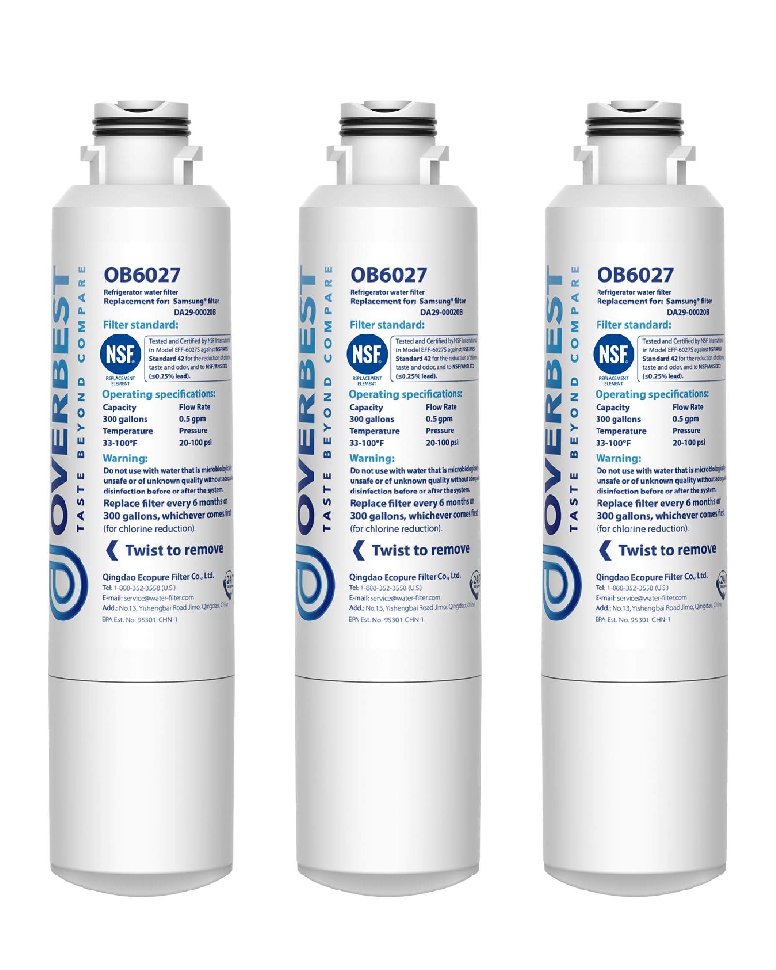 Overbest Ob6027 Refrigerator Water Filter, Replacement For Samsung Da29-00020b, Haf-Cin, 46-9101, Rf28hmedbsr, Rf4287hars, Rf263teaesg, Rh22h9010sr, 3 Filters - View 1 | Fridge.com