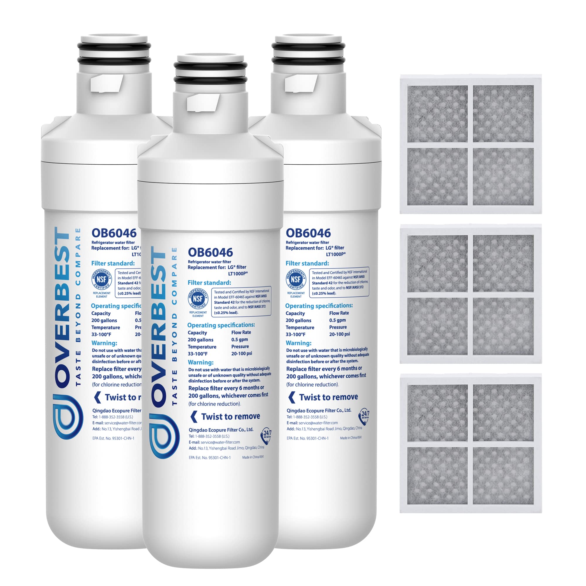 Overbest LT1000PC ADQ747935 Refrigerator Water Filter And Air Filter, Replacement For LG® LT1000P®, ADQ74793501, ADQ74793502, Kenmore 469980, 9980 And LT120F®, 3 Combo | Fridge.com