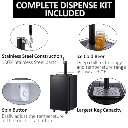 Pioneerworks Beer Kegerator, Single Tap Draft Beer Dispenser, Full Size Stainless Steel Keg Refrigerator With Drip Tray, CO2 Cylinder, 32°F- 50°F Temperature Control - View 5 | Fridge.com