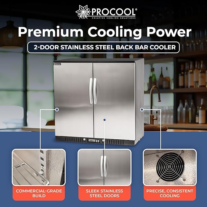 Procool 2-Door Counter Height Beverage Refrigerator - 36" Wide Energy Efficient Stainless Steel Bar Fridge With LED Lighting - Commercial Back Bar Cooler - View 2 | Fridge.com
