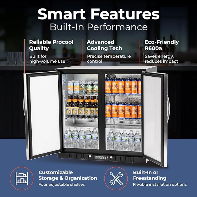Procool 2-Door Counter Height Beverage Refrigerator - 36" Wide Energy Efficient Stainless Steel Bar Fridge With LED Lighting - Commercial Back Bar Cooler - View 4 | Fridge.com
